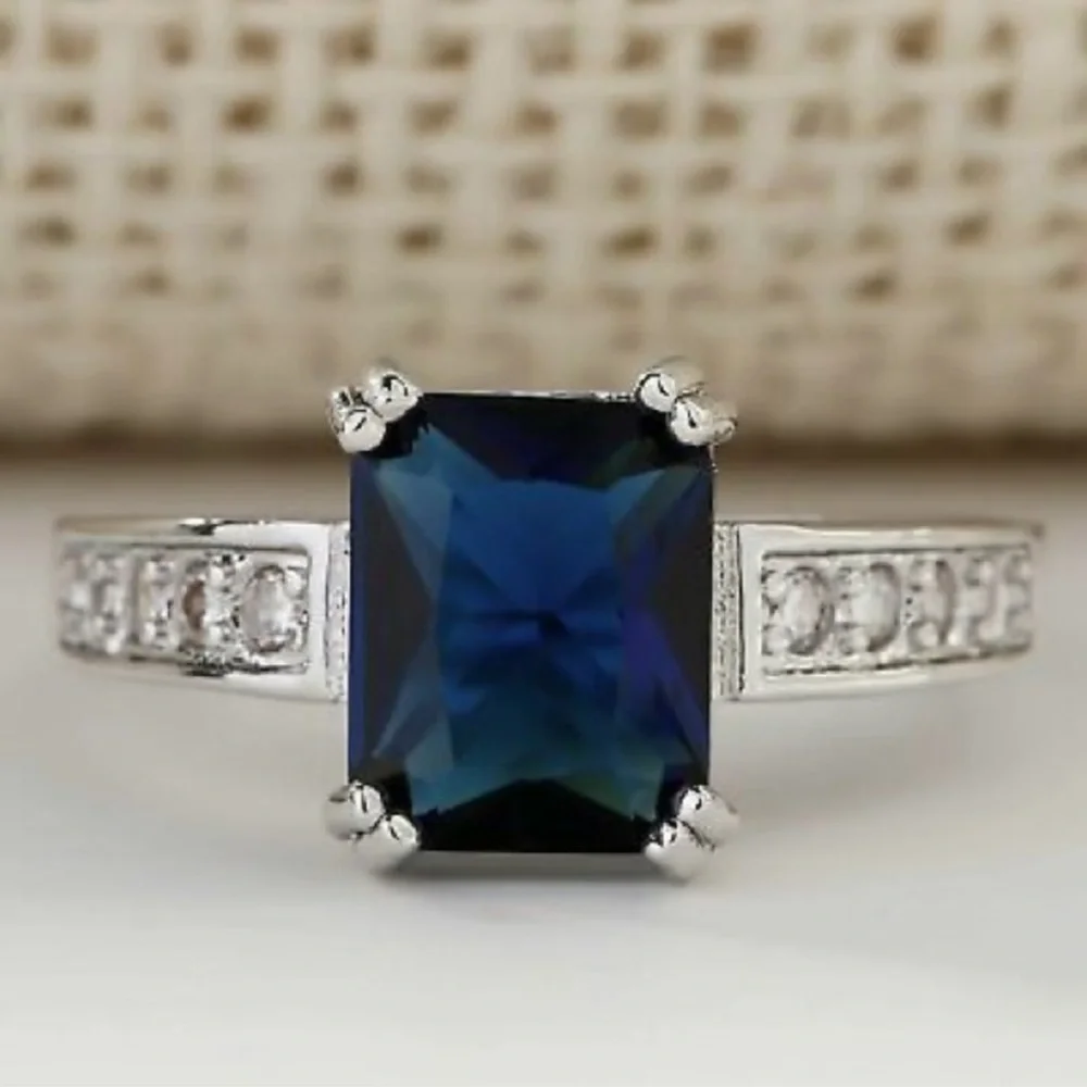 New Natural 3.58CT London Blue Topaz 8 Diamond 14K White Gold Hallmarked Ring